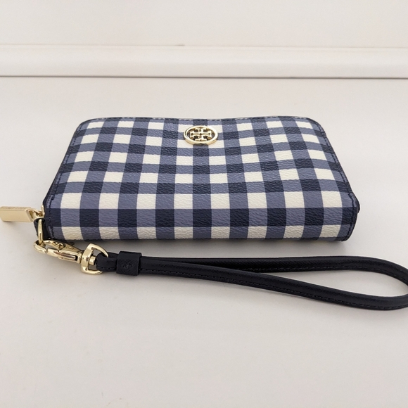 EUC! Tory Burch Navy Blue Checkered Robinson Wristlet Wallet - Picture 2 of 14
